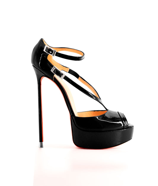 Deconte 155 Black Patent  · Charlotte Luxury Shoes · Luxury High Heel Sandals ·  Vicenzo Rossi · Custom made · Made to measure · Patent Luxury Platform High Heel Sandals