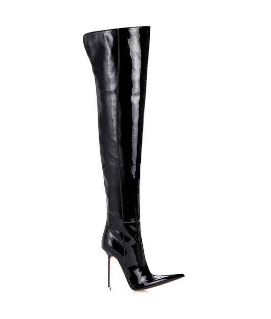 Dassel  Black Patent ·  Charlotte Luxury Boots · Luxury High Heel Pointy Boots · Di Marni - Vicenzo Rossi · Custom made · Made to measure · Luxury Over Knee High Heel Boots · Boots